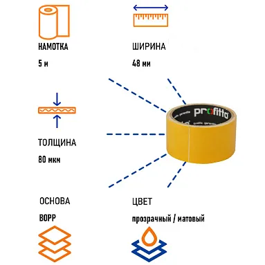Клейкая лента двухсторонняя PROFITTO® 48 мм х 5 м, полипропилен