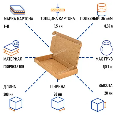 Картонный короб КС, 200х90х20 мм, Т-11 бурый