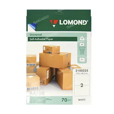Самоклеящаяся бумага LOMOND белая, А4, 50 л, 2 этикетки, 210х148.5 мм