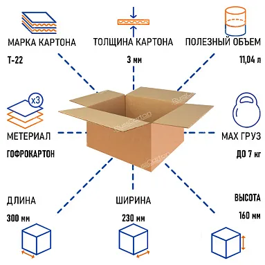 Картонная коробка 300х230х160 мм, Т-22 бурый