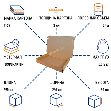 Картонный короб №49, 390х260х50 мм, Т-22 бурый