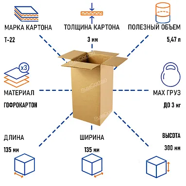 Картонная коробка 135х135х300 мм, Т-22 бурый
