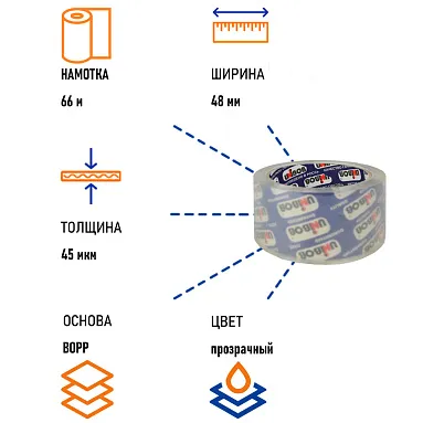 Клейкая лента упаковочная Unibob® 600 кристально-чистая 48 мм х66 м,толщина 45 мкм
