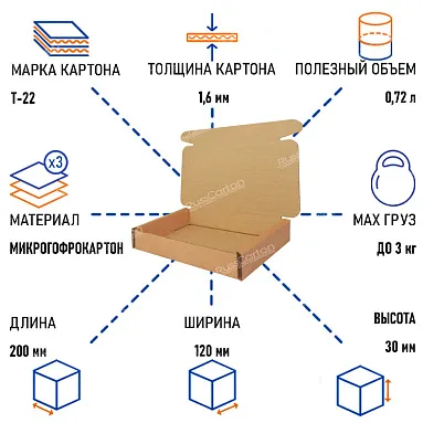 Картонный короб КС-21, 200х120х30 мм, Т-22 бурый
