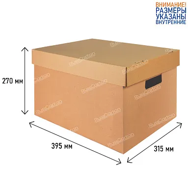Картонная коробка архивная, с крышкой, 395х315х270 мм, Т-24 бурый
