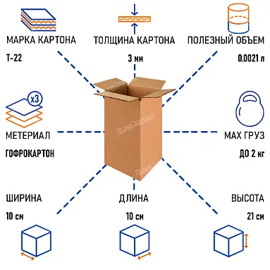 Картонная коробка 100х100х210 мм, Т-22 бурый
