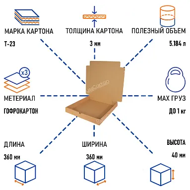 Коробка для пиццы (для пирога) 360х360х40 мм, Т-23 бурый