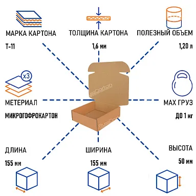 Картонный короб 155х155х50 мм, Т-11 бурый
