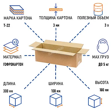 Картонная коробка 300х100х100 мм, Т-22 бурый