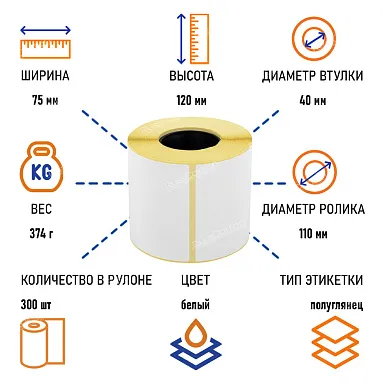 Термоэтикетки самоклеящиеся ТермоПЛГ 75х120 мм, 300 этикеток в ролике