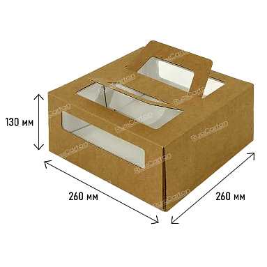 Коробка для торта 1.5 кг, бурая, ручка&окно, 260х260х130 мм