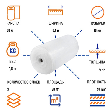 Пленка воздушно пузырчатая "Стандарт плюс" трехслойная, 0.6 х 50 м
