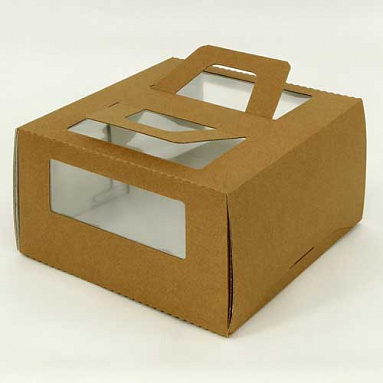 Коробка для торта 2 кг, бурая, ручка&окно, 300х300х170 мм