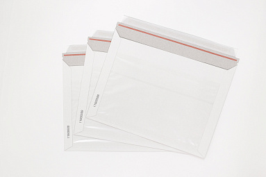 Курьерский конверт картонный с карманом, белый, 340х265+40 мм