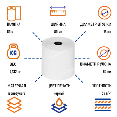 Чековая лента ТЕРМОБУМАГА 80 мм х 80 м, КОМПЛЕКТ 6 шт/уп.