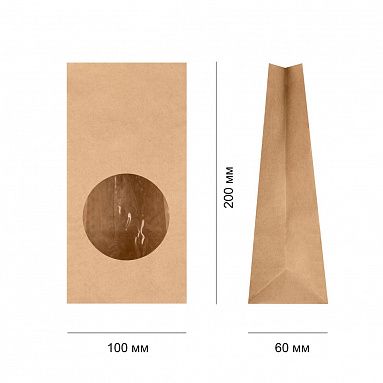 Крафт пакет ламинированный с окном 7 см с прямоугольным дном, 20х10х6 см