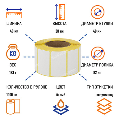 Термоэтикетки самоклеящиеся ТермоПЛГ 40х30 мм, 1000 этикеток в ролике