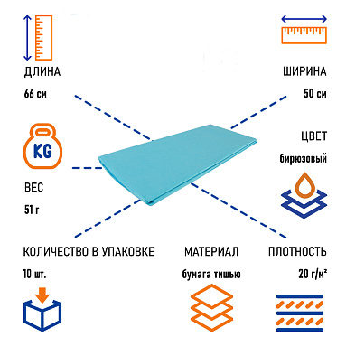 Бумага тишью бирюзовая, 50х66 см, 10 листов