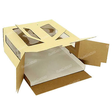 Коробка для торта 1.5 кг, бежевая, ручка&окно, 260х260х130 мм