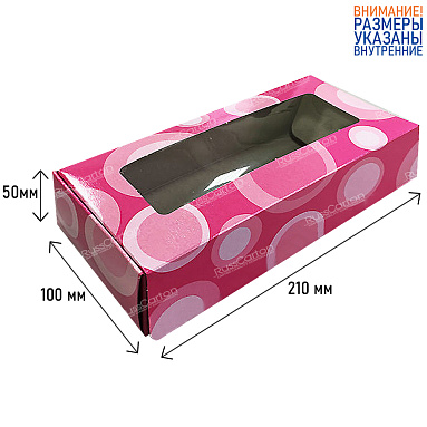 Коробка для пирожных с окном, розовая, 210х100х50 мм