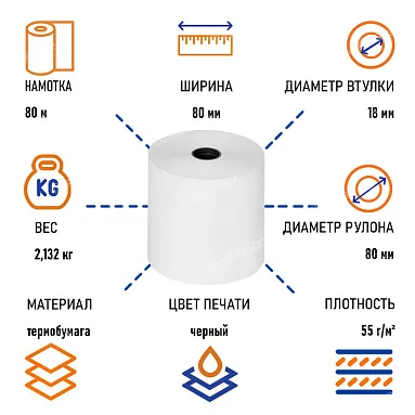 Чековая лента ТЕРМОБУМАГА 80 мм х 80 м, КОМПЛЕКТ 6 шт/уп.